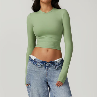Women's Fitted Long Sleeve Crop Top Athletic Workout Shirt