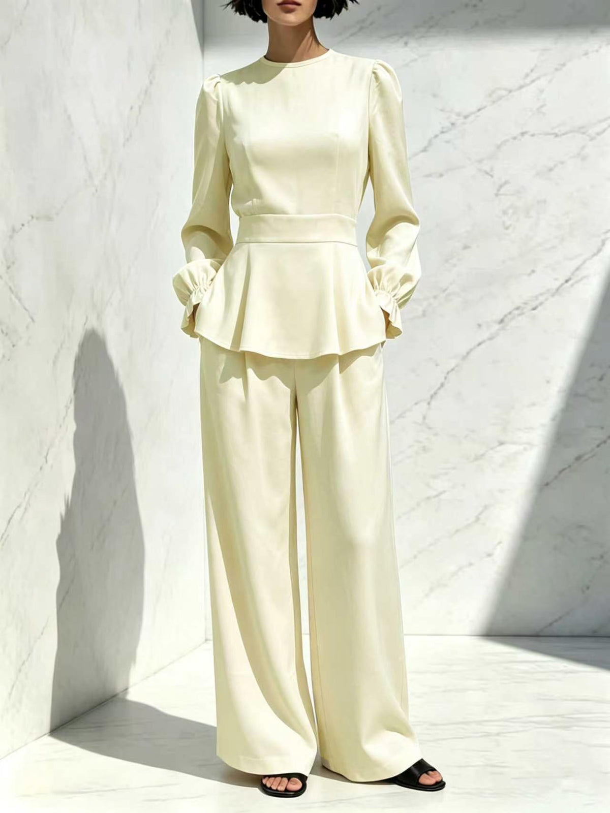 Women's Puff Sleeve Peplum Top Wide Leg Pants Set