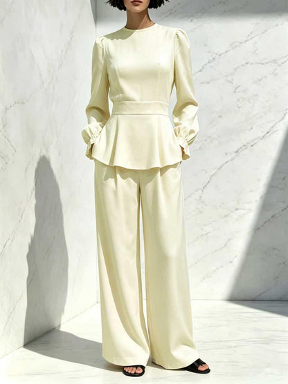 Women's Puff Sleeve Peplum Top Wide Leg Pants Set