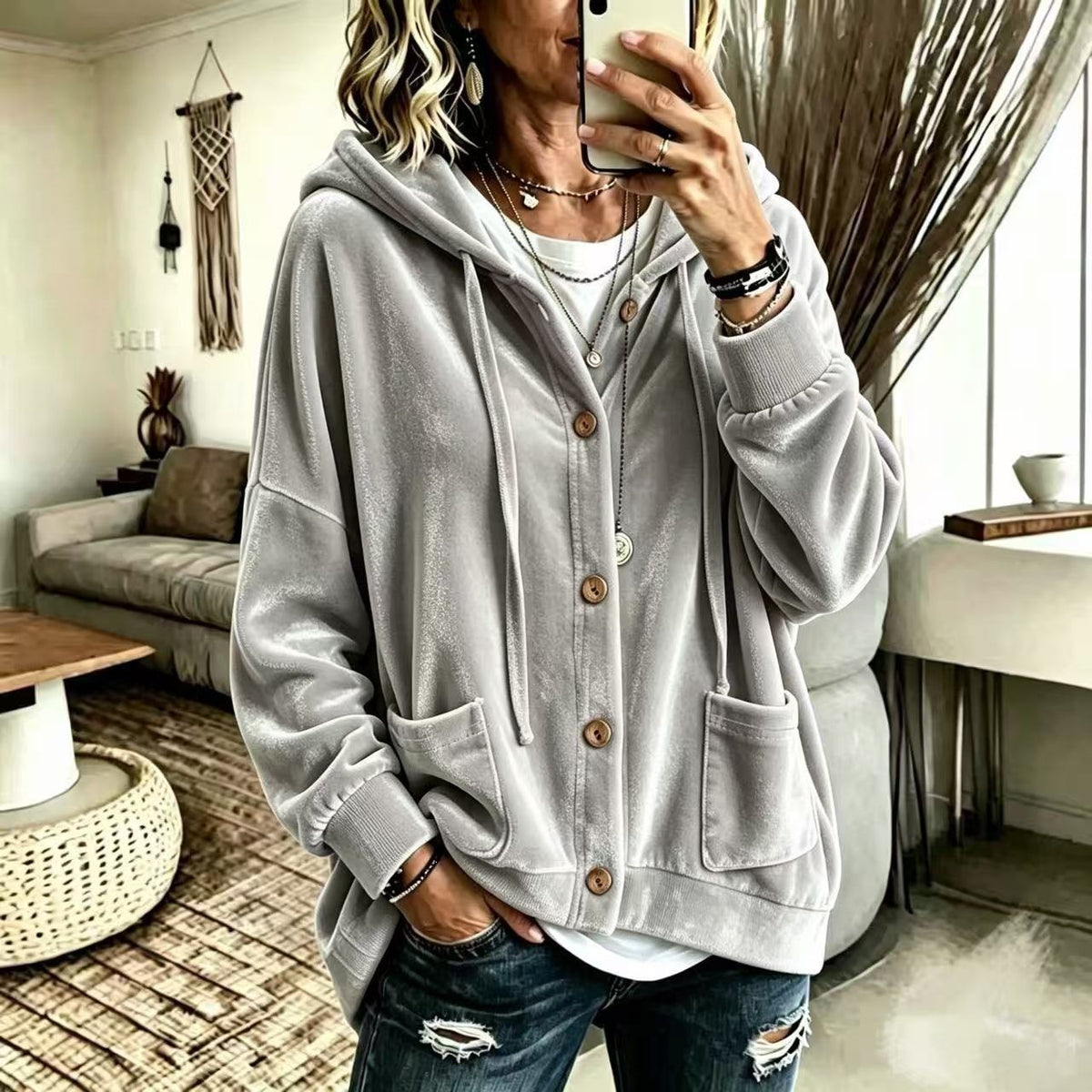 Women's Velvet Hooded Button Up Cardigan