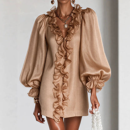 Women's Puff Sleeve Ruffle Deep V-Neck Mini Dress