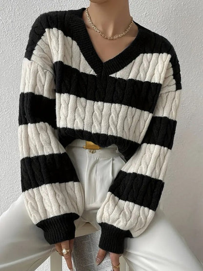 Women's Oversized V-Neck Striped Cable Knit Sweater
