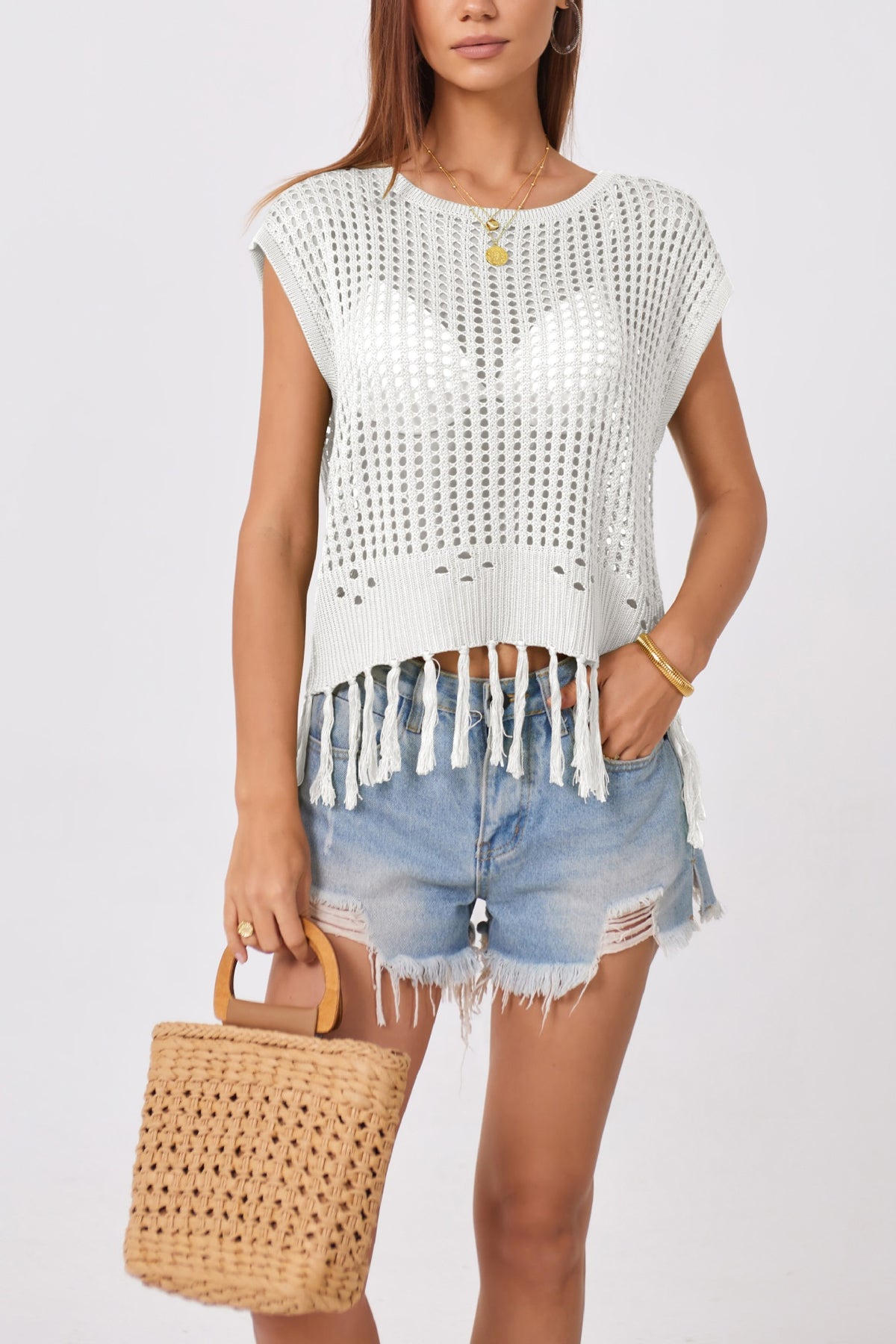 Women's Oversized Crochet Fringe Tank Top Boho Summer