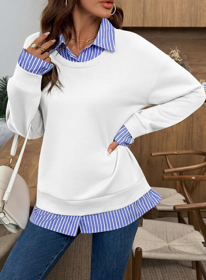 Faux Layered Sweatshirt Striped Collar Relaxed Fit