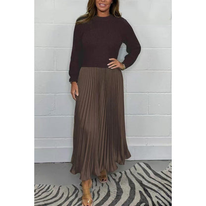 Women's Colorblock Ribbed Pleated Maxi Dress Long Sleeve