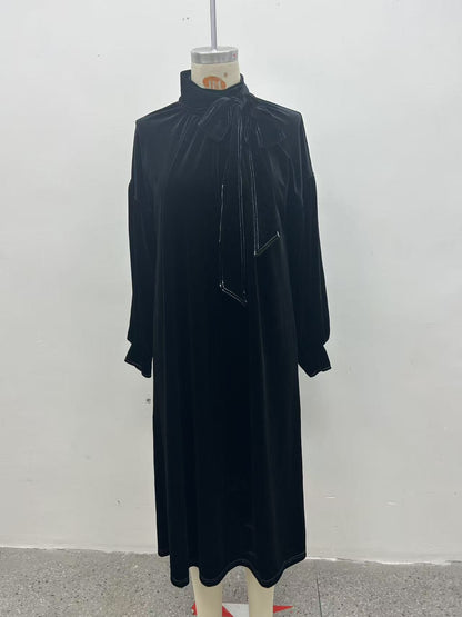 Elegant Velvet Tie Neck Midi Dress Long Puff Sleeve