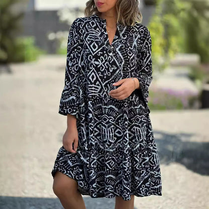 Women's Boho Geometric Tiered V-Neck 3/4 Sleeve Dress