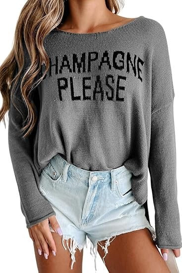 Women's Graphic Crew Neck Side Slit Knit Sweater