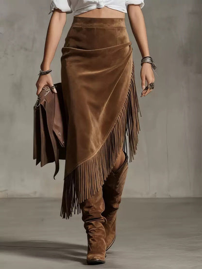 Western Fringe Faux Suede Midi Skirt Asymmetric