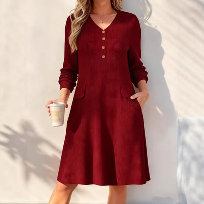 Ribbed V Neck Button Long Sleeve Midi Knit Dress Pockets