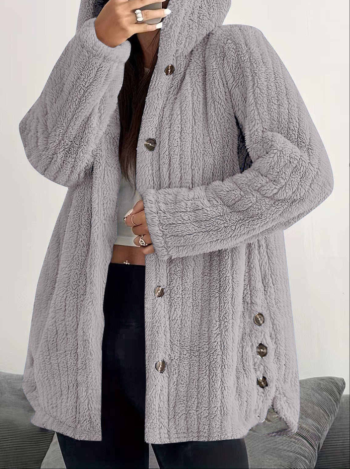 Women's Oversized Hooded Fleece Button Front Jacket