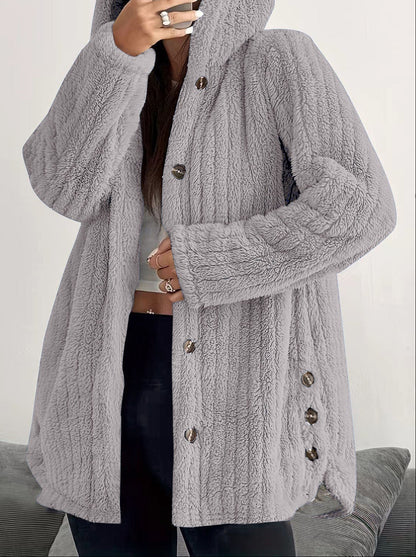 Women's Oversized Hooded Fleece Button Front Jacket