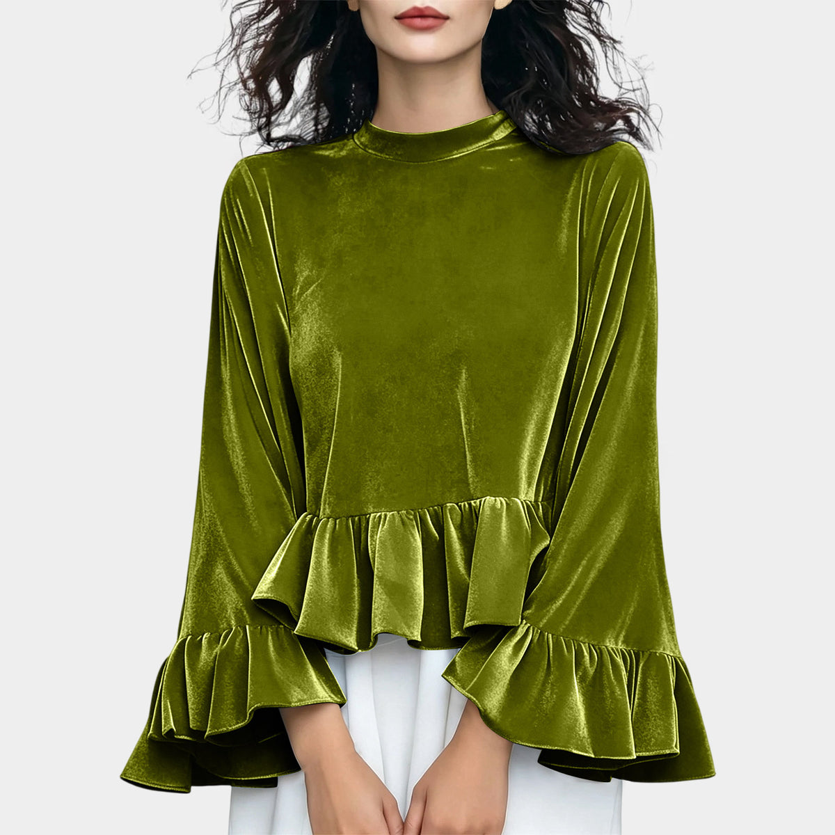 Women's Velvet Ruffle Bell Sleeve Peplum Top