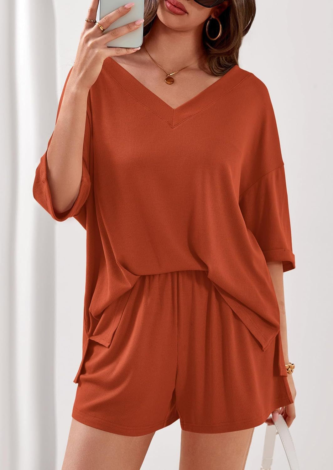 Ribbed V Neck Lounge Set Oversized Top Shorts Set