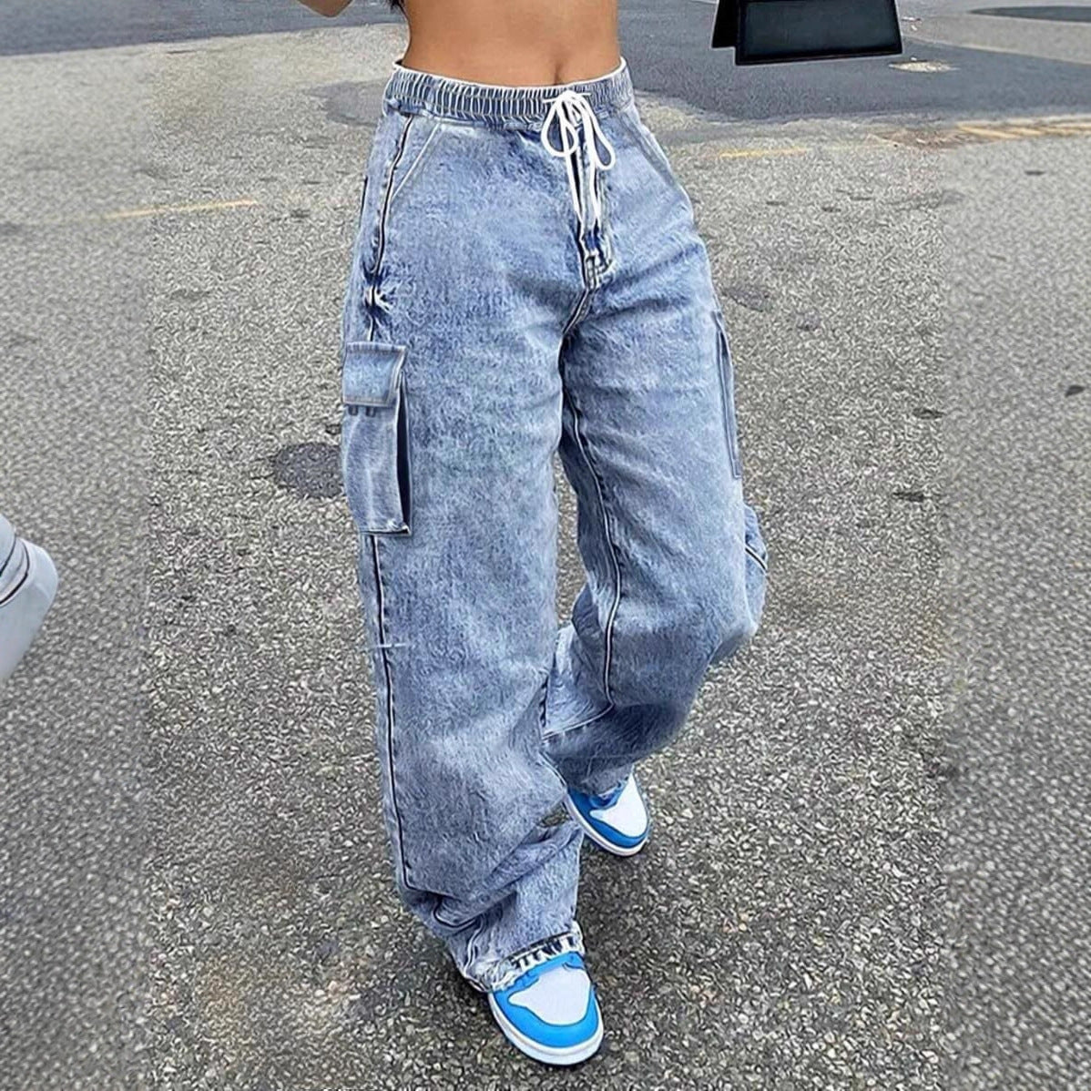 Women's Washed Cargo Wide Leg Denim Jeans with Drawstring