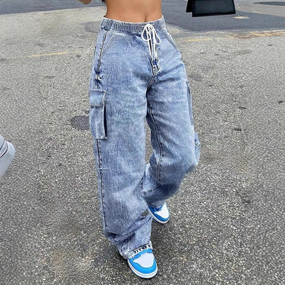 Women's Washed Cargo Wide Leg Denim Jeans with Drawstring
