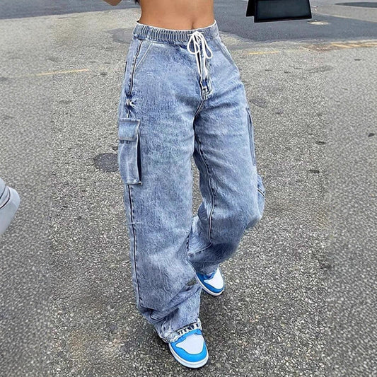 Women's Washed Cargo Wide Leg Denim Jeans with Drawstring