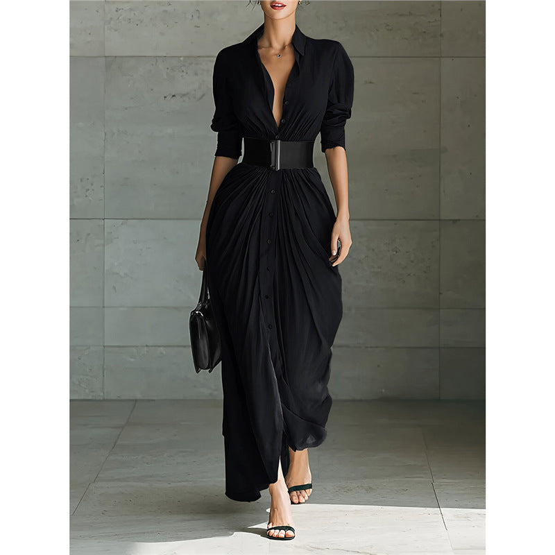 Collared Belted Maxi Shirt Dress Long Sleeve