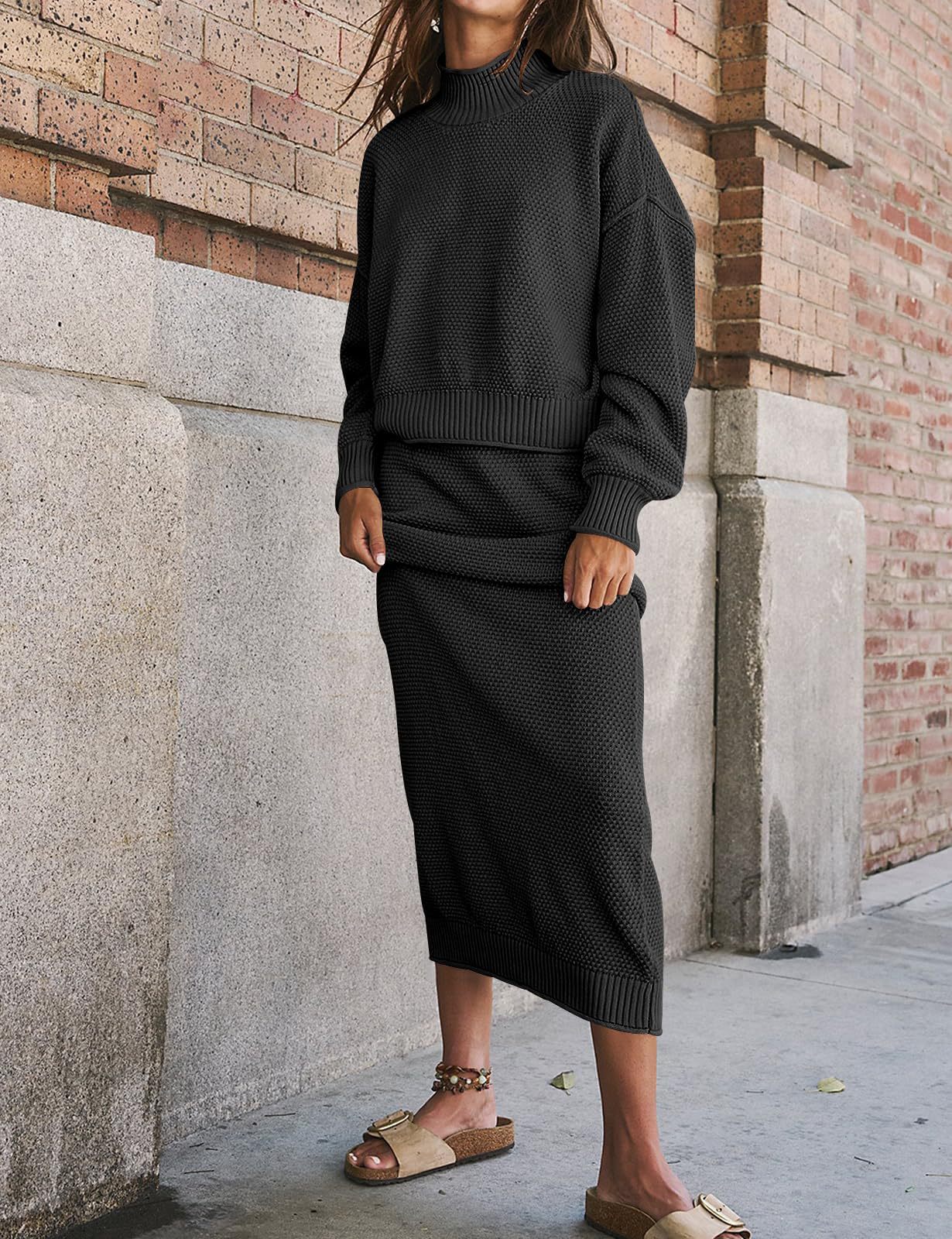 Women's Knit Two Piece Set Mock Neck Sweater Midi Skirt