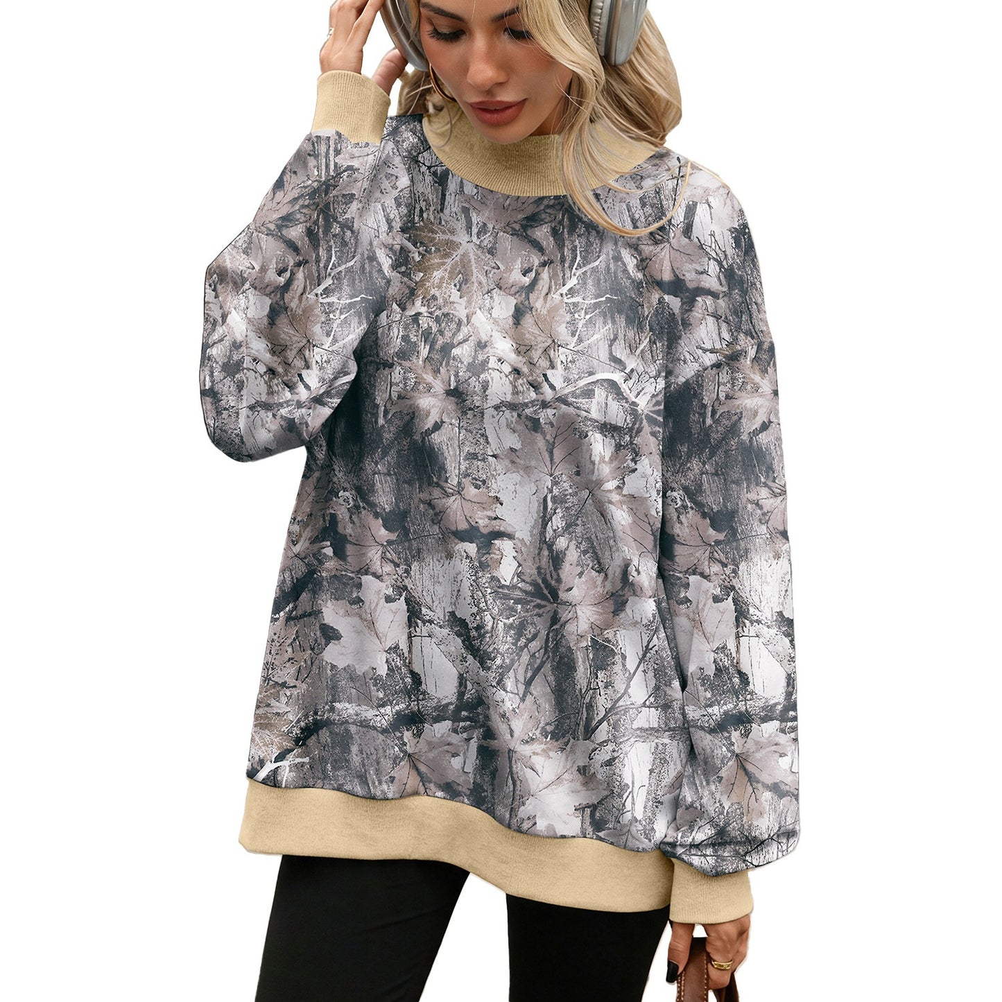 Women's Oversized Printed Mock Neck Sweatshirt Long Sleeve