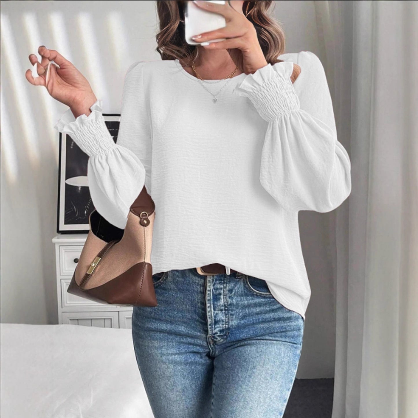 Women's Round Neck Balloon Sleeve Casual Blouse