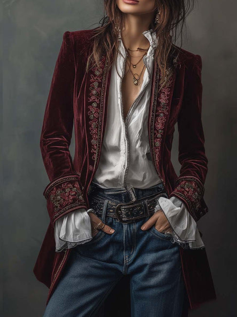 Women's Velvet Embroidered Blazer Open Front Vintage