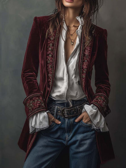 Women's Velvet Embroidered Blazer Open Front Vintage