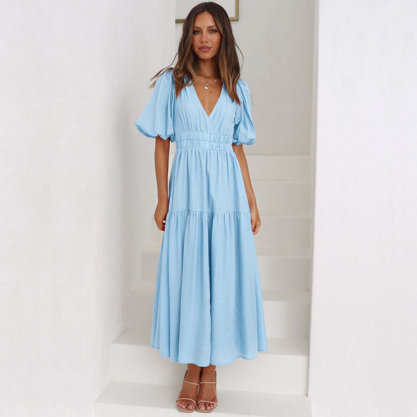 V-Neck Bubble Sleeve Holiday Dress American Fashion