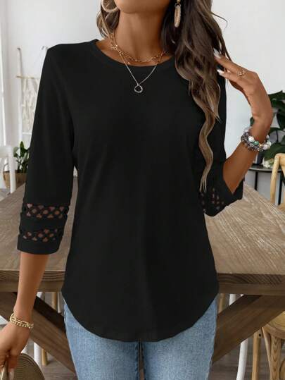Women's Lace Trim 3/4 Sleeve Tunic Blouse