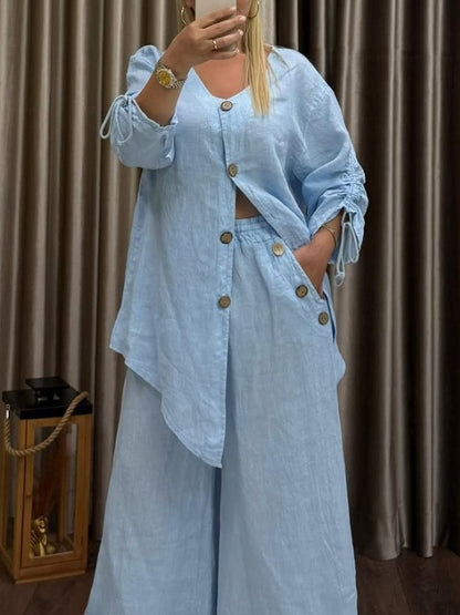 Women's Linen Two Piece Cardigan Wide Leg Pants Set