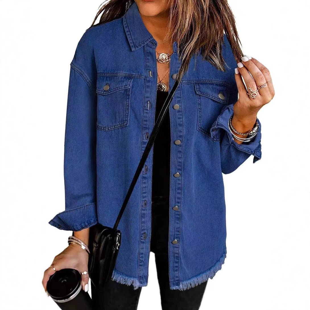 Women's Oversized Denim Shacket Frayed Hem