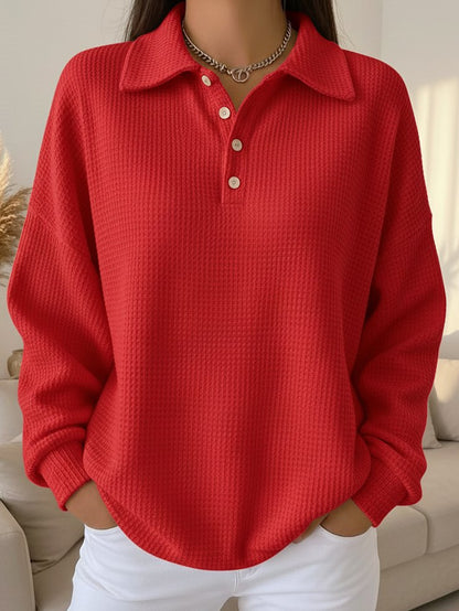 Women's Oversized Waffle Knit Polo Shirt Long Sleeve Top