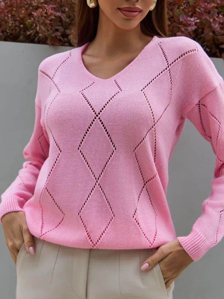 V-Neck Pointelle Sweater Women Oversized Diamond Knit Top
