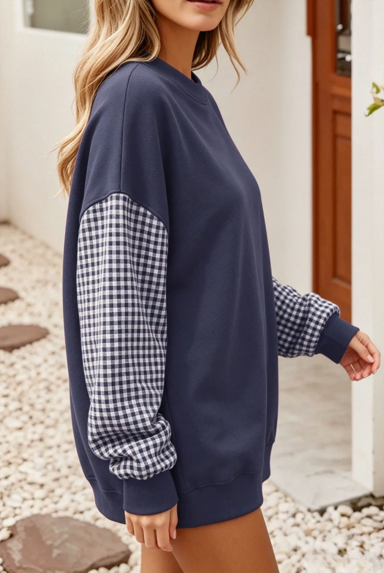Gingham Sleeve Oversized Crewneck Sweatshirt