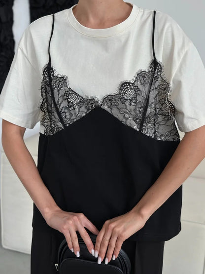 Sexy Lace Splice Loose Tee Top Casual Streetwear Summer Women