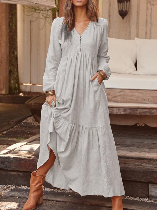 Women's Long Sleeve V-Neck Button Tiered Maxi Dress Pockets