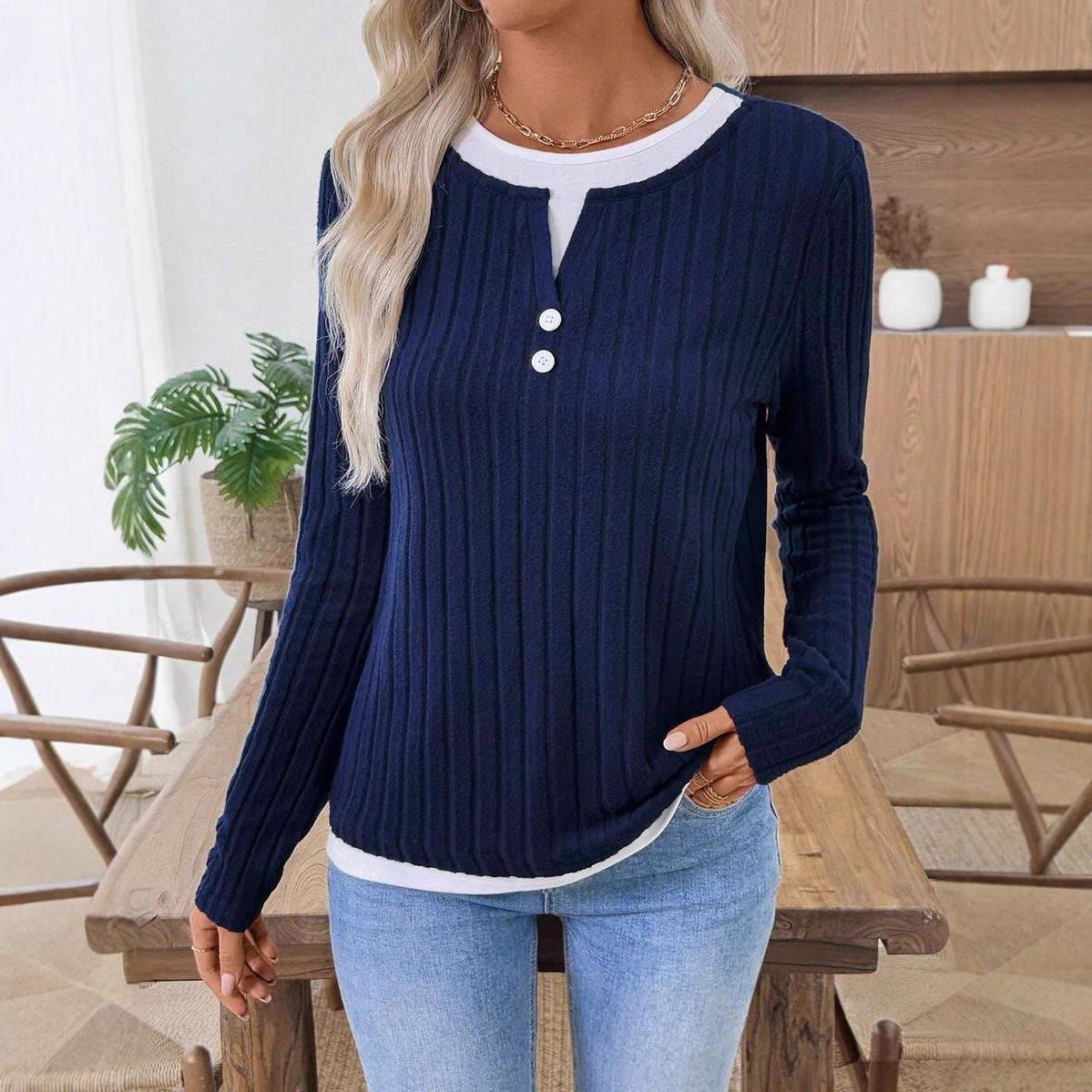 Ribbed Faux Layered Henley Long Sleeve Casual Top