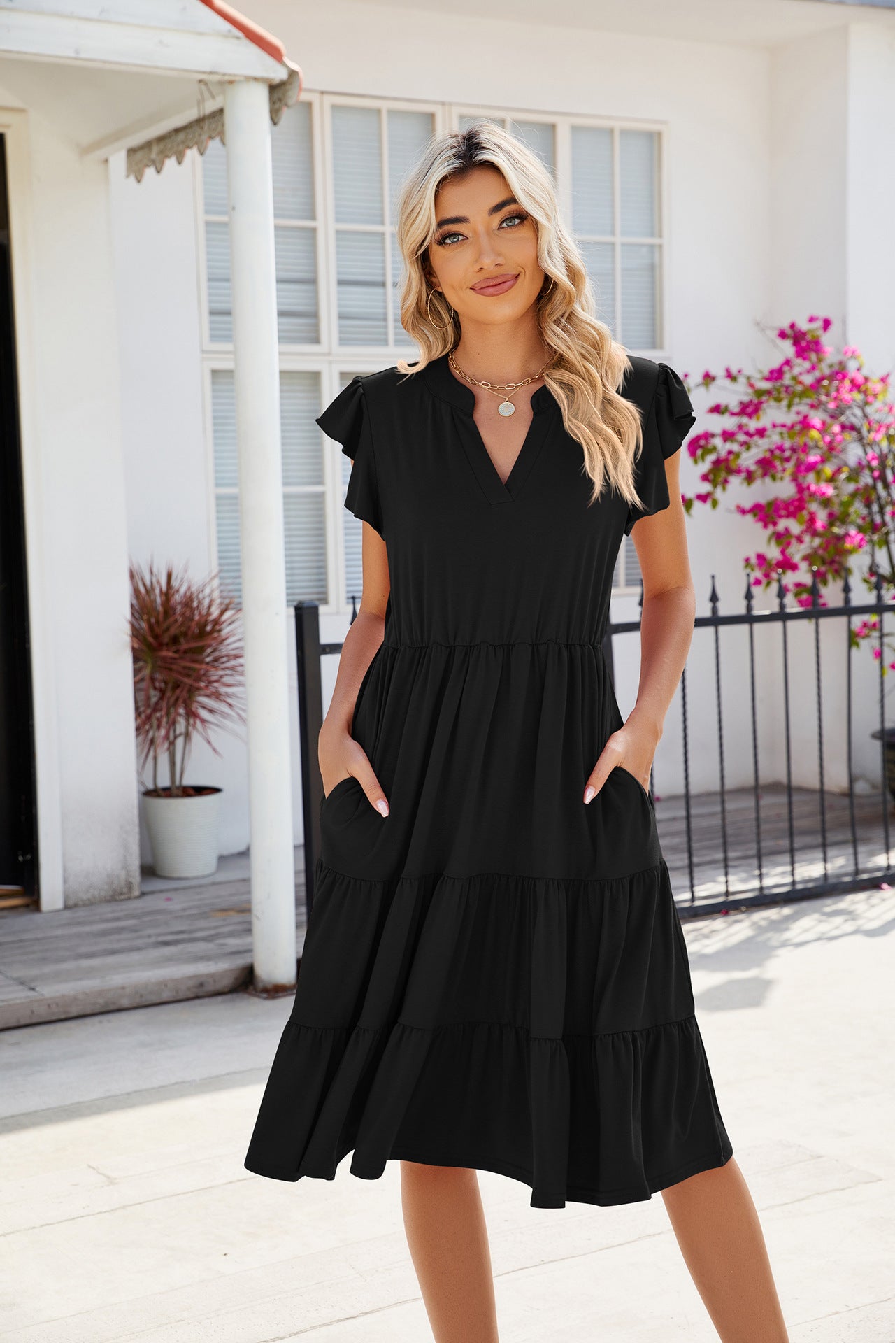 V-Neck Waist-Defined Short Sleeve Colorblock Dress