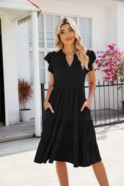 V-Neck Waist-Defined Short Sleeve Colorblock Dress
