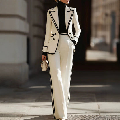 Women's Contrast Trim Blazer Wide Leg Pants Suit Set