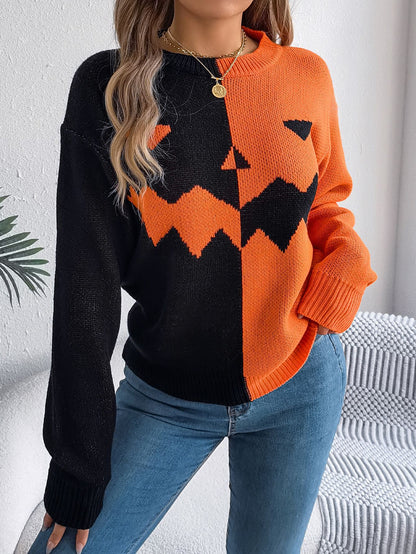 Ghost Pumpkin Colorblock Long Sleeve Sweater for Fall & Halloween