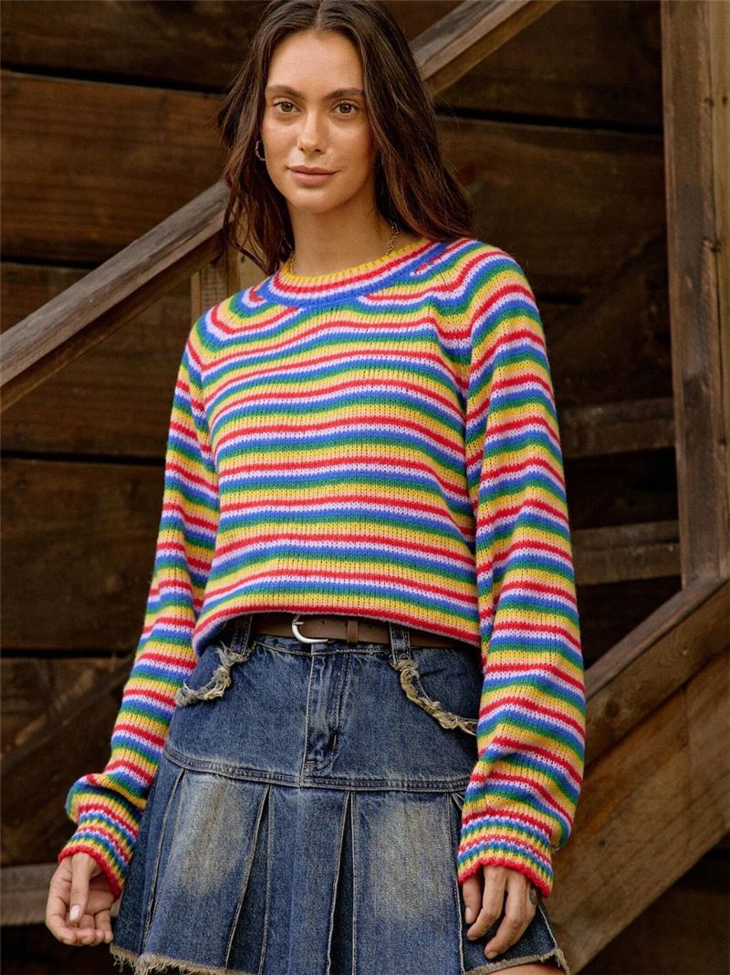 Women's Rainbow Striped Oversized Crewneck Sweater