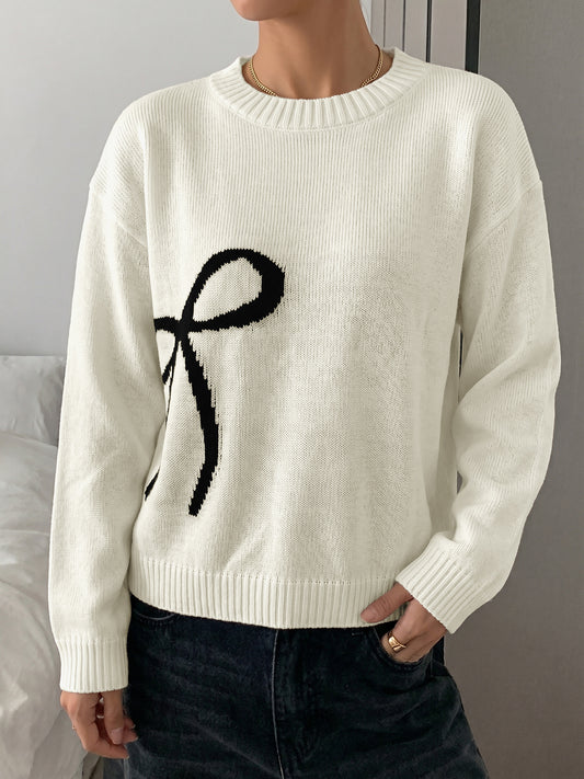 Bow Graphic Knit Sweater Oversized Crewneck Pullover