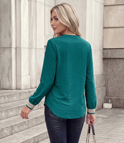Women's Lace Trim V Neck Long Sleeve Tunic Top
