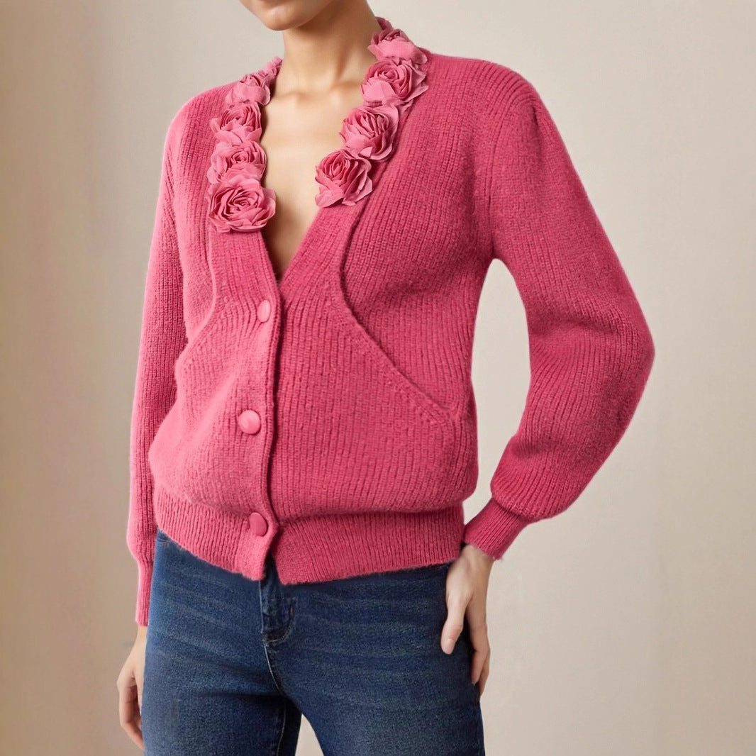 Coquette Floral V-Neck Button Knit Cardigan