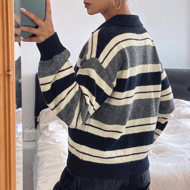 Contrast Striped Polo Collar Relaxed Knit Sweater