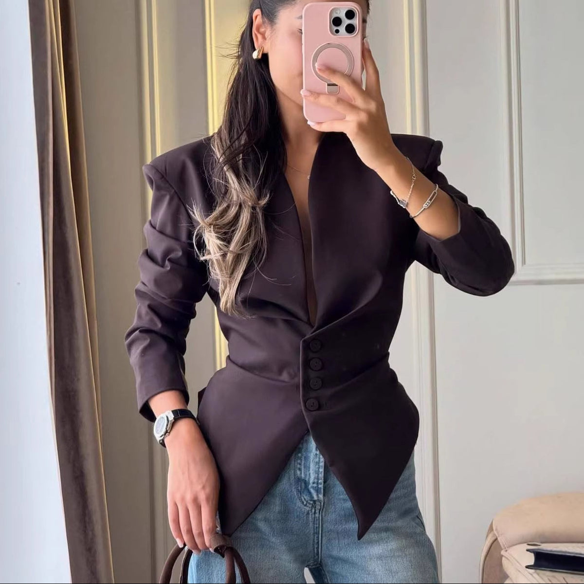 Women's Asymmetric Collarless Blazer Slim Fit Office Jacket