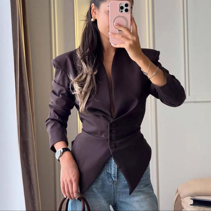 Women's Asymmetric Collarless Blazer Slim Fit Office Jacket