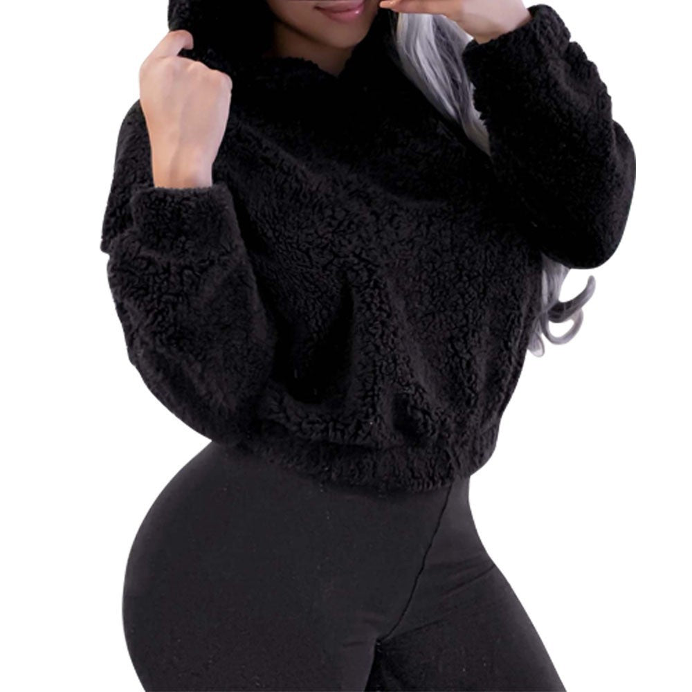Women's Oversized Sherpa Bear Ear Crop Hoodie