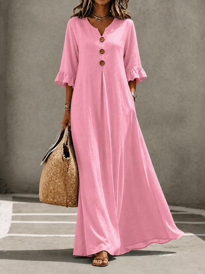 Women's V-Neck Boho Maxi Dress Ruffle Sleeve with Pockets